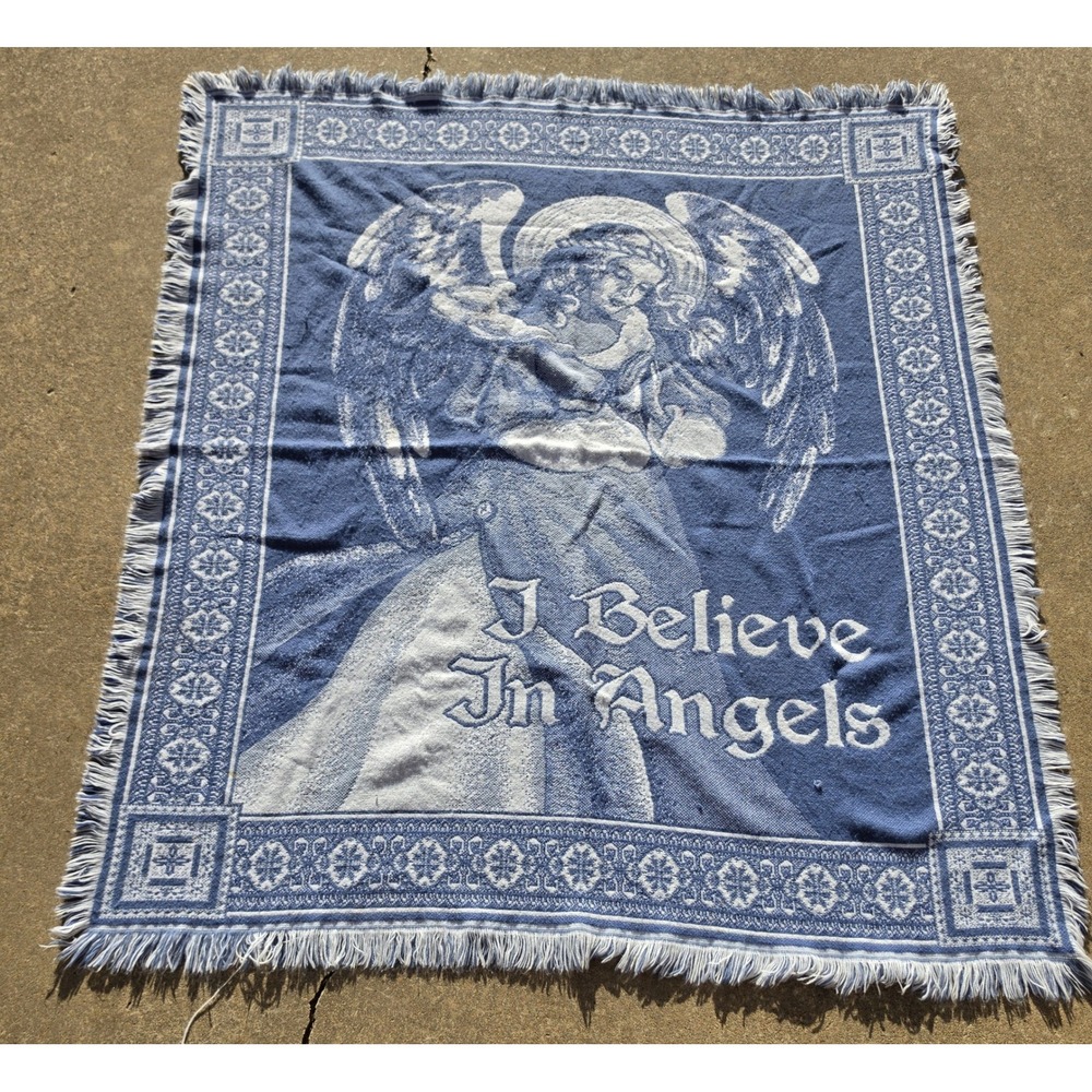 Vintage I Believe In Angels Blue Woven Tapestry Throw Blanket Fringed 48x55